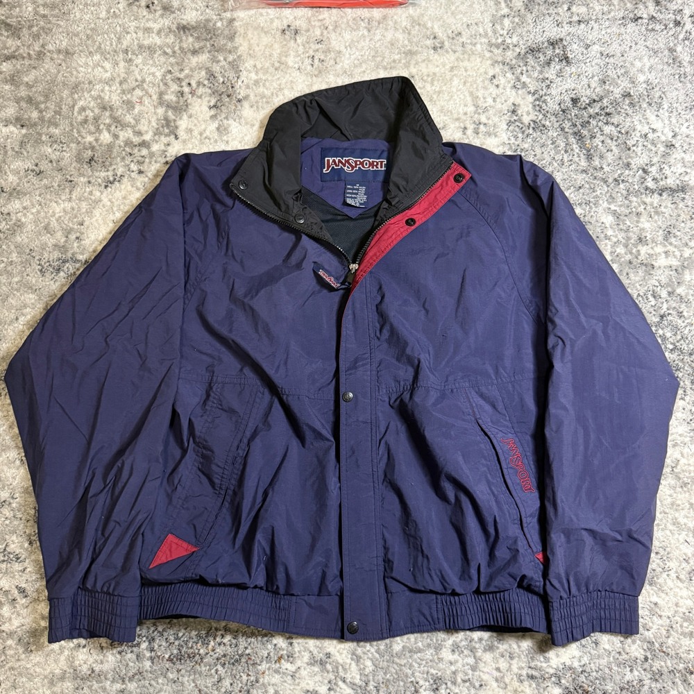 Vintage Jansport Windbreaker Jacket Mens Medium Navy Blue Red Full Zip Nylon